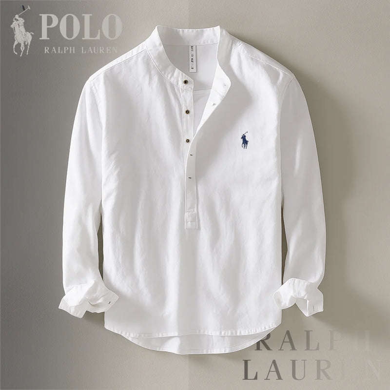 Camicia collo coreano in cotone e lino