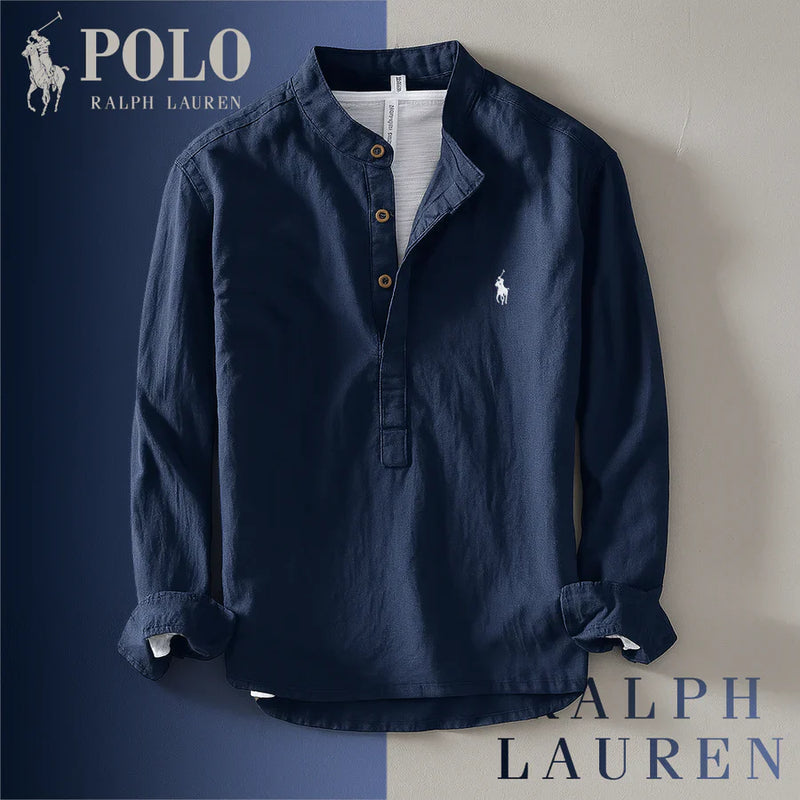 Camicia collo coreano in cotone e lino