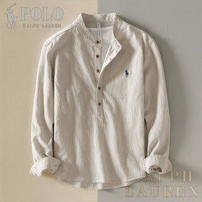 Camicia collo coreano in cotone e lino