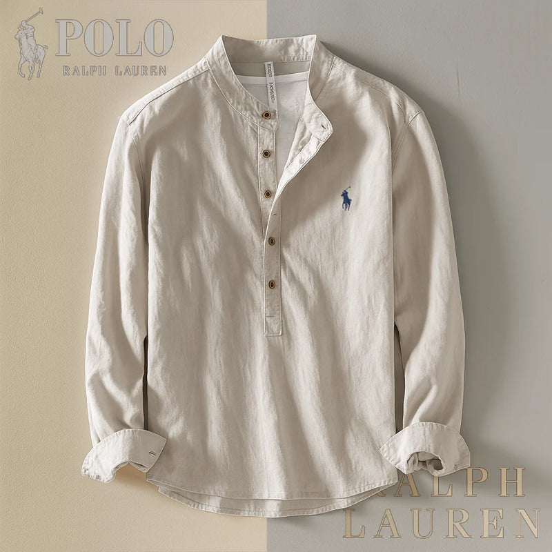 Camicia collo coreano in cotone e lino