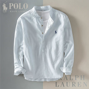 Camicia collo coreano in cotone e lino