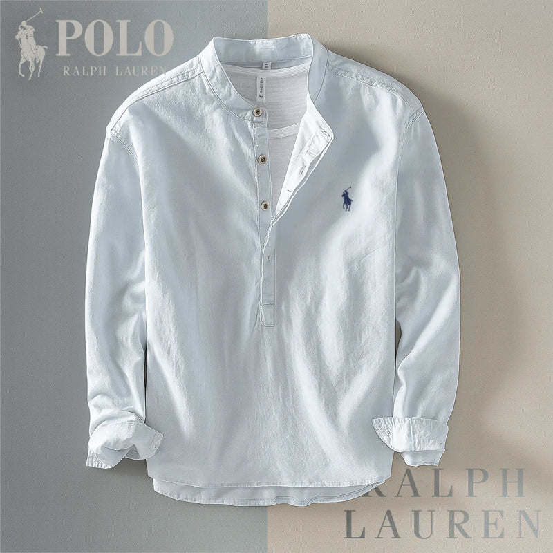 Camicia collo coreano in cotone e lino